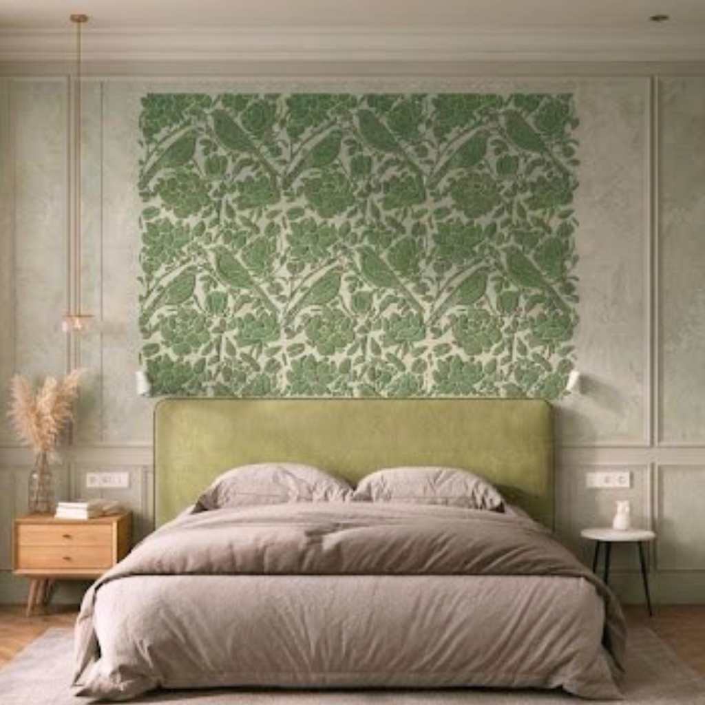 3D botanical wall decor created with plaster using a reusable nature stencil by DFA Decor
