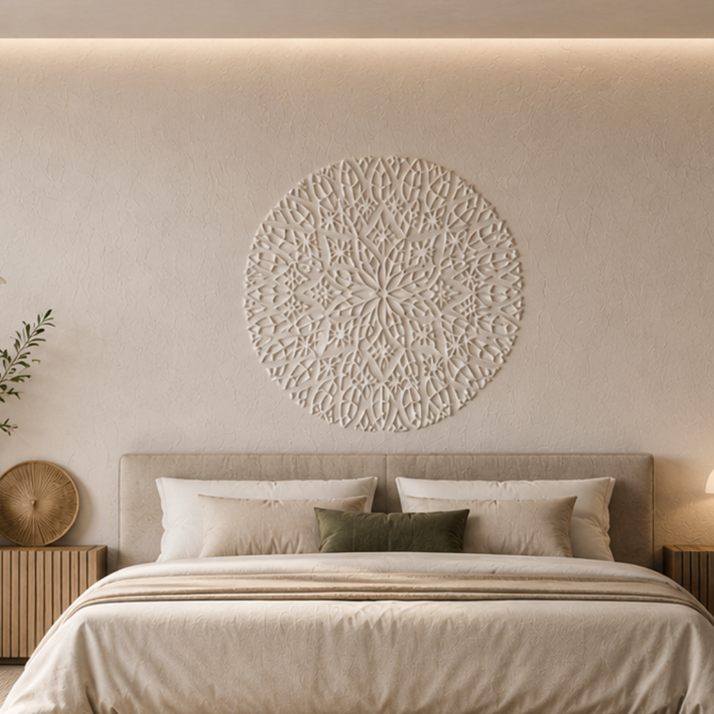 Modern living room interior featuring a feature accent wall decorated with premium reusable wall stencils by DFA Decor.