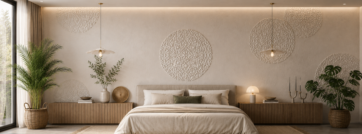 Modern living room interior featuring a feature accent wall decorated with premium reusable wall stencils by DFA Decor.