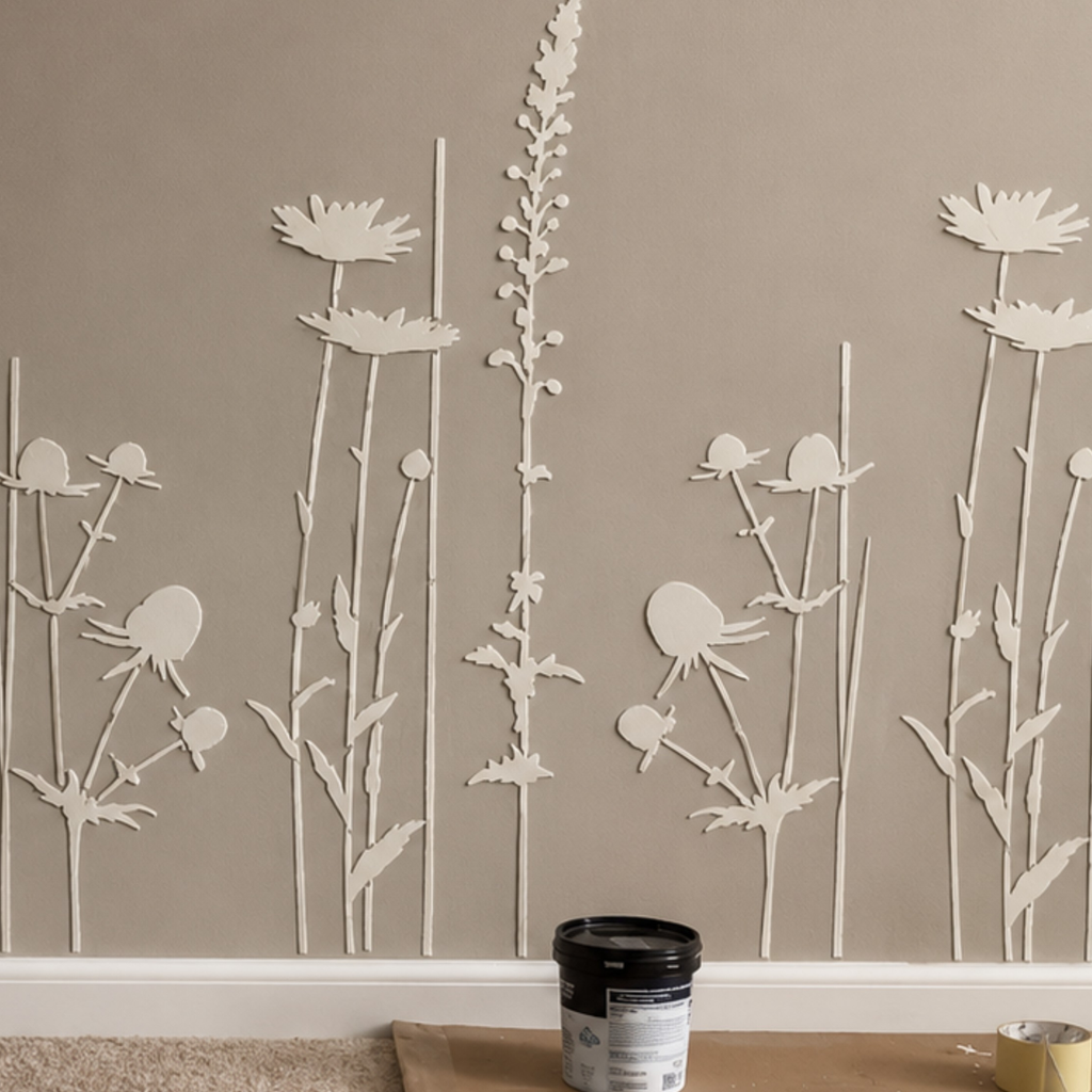 Panoramic view of an accent living room wall with a textured 3D wild flower and grass plaster relief by DFA-decor.