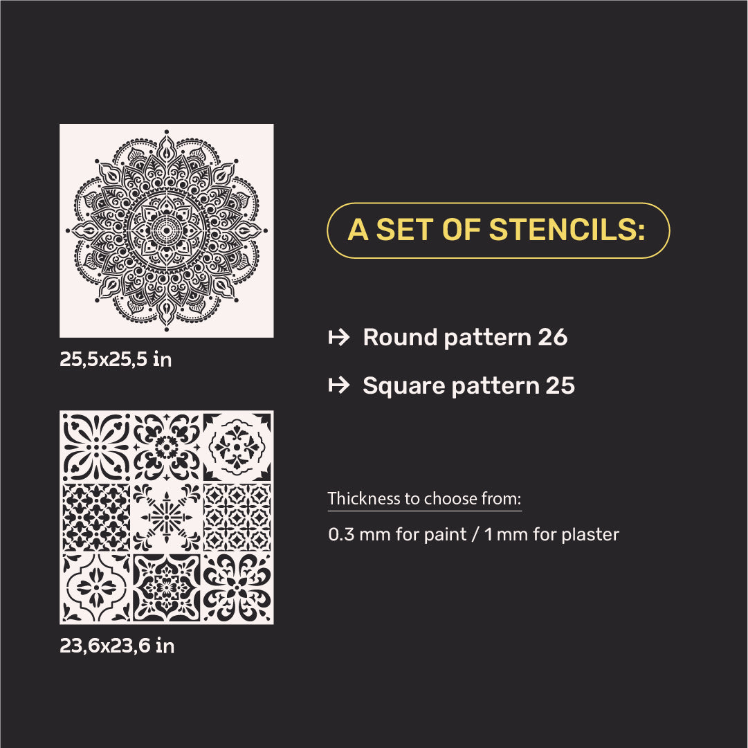 Wall decoration set for plaster and paint 1 DFA stencils (Round pattern 26 + Square pattern 25) 0.3-1 mm (N00001)
