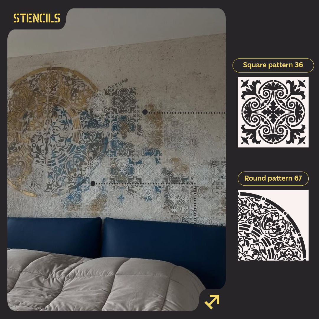 Wall decoration set for plaster and paint 3 DFA stencils (Square pattern 36 + Round pattern 67) 0.3-1 mm (N00003)
