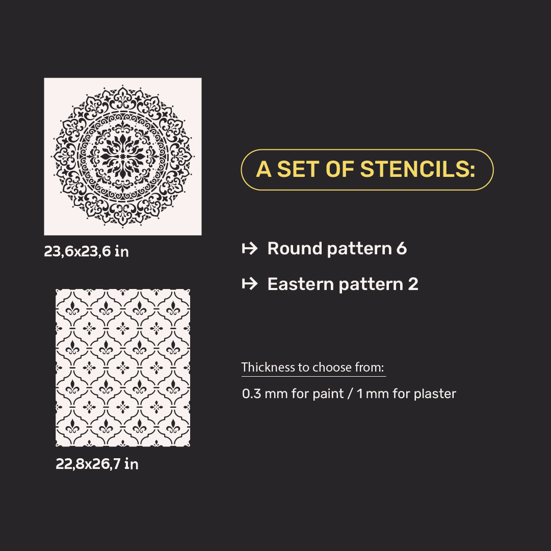 Set for plaster and paint wall decoration 5 Stencils DFA (Round pattern 6 + Oriental pattern 2) 0.3-1 mm (N00005)