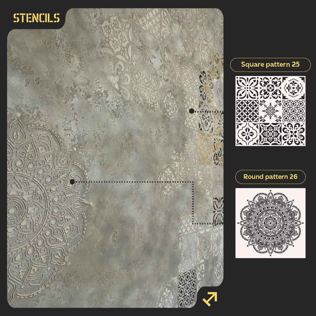 Wall decoration set for plaster and paint 1 DFA stencils (Round pattern 26 + Square pattern 25) 0.3-1 mm (N00001)