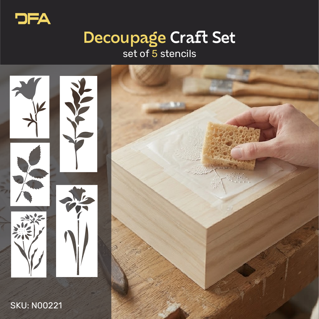 Botanical decoupage stencil set with floral and leaf designs displayed beside a decorated canvas tote bag