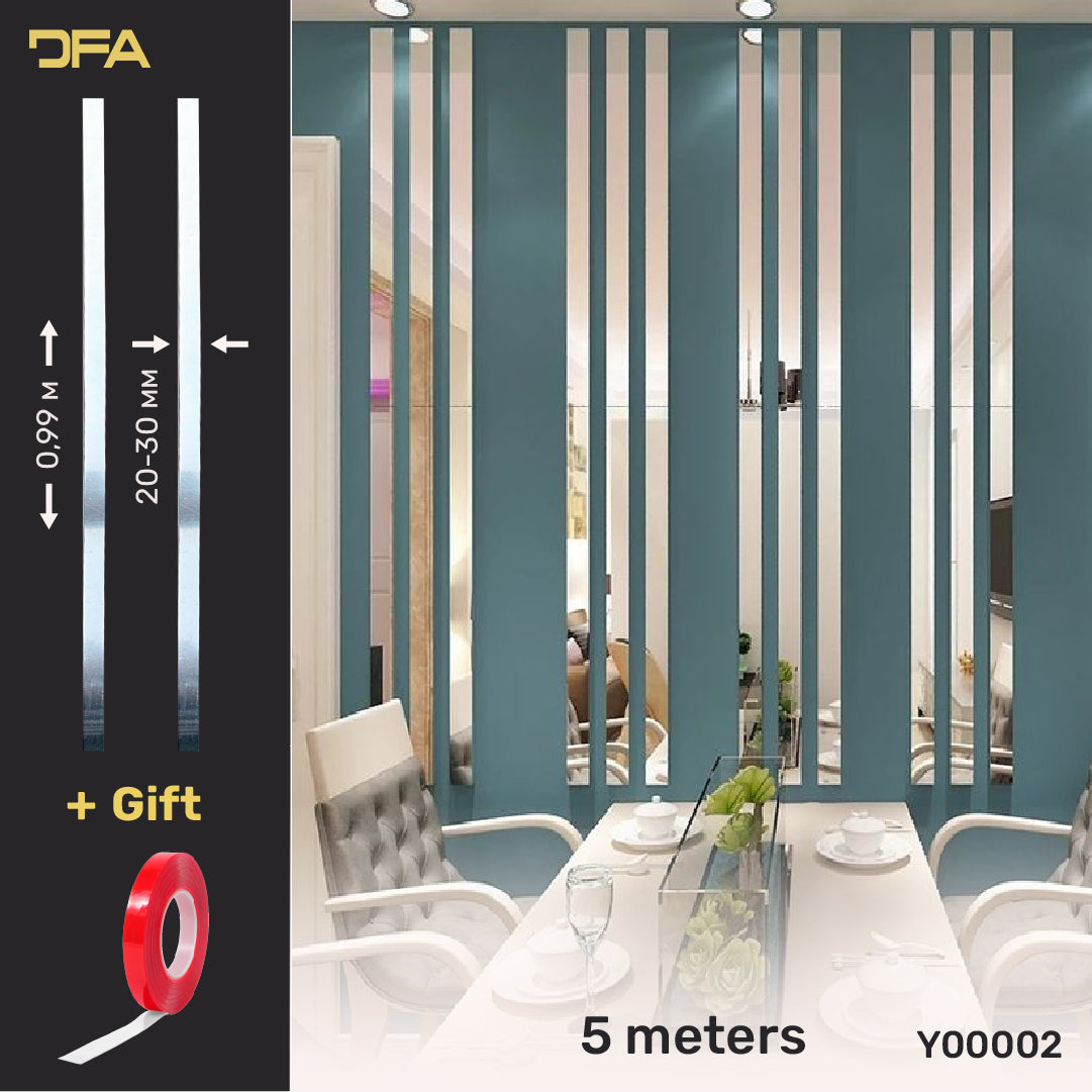 Set of 2 Mirror Wall Decor Sticker DFA Magic Stripes (Silver Wall Stripes) Size 5m - 20mm/25mm/30mm/ (Y00002)
