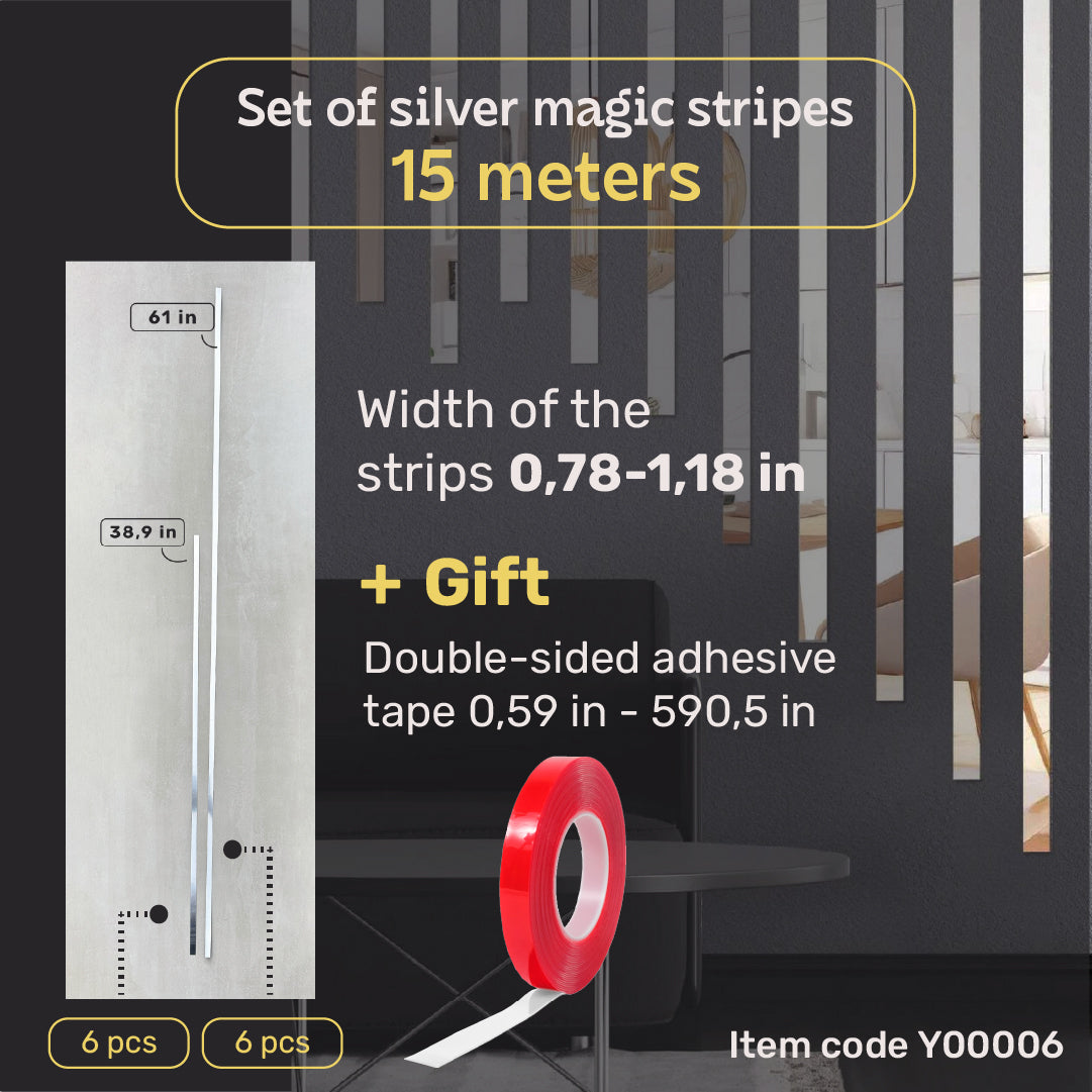 Set of 6 Mirror Wall Decor Sticker DFA Magic Stripes (Silver Wall Stripes) Size 15m - 20mm/25mm/30mm/ (Y00006)