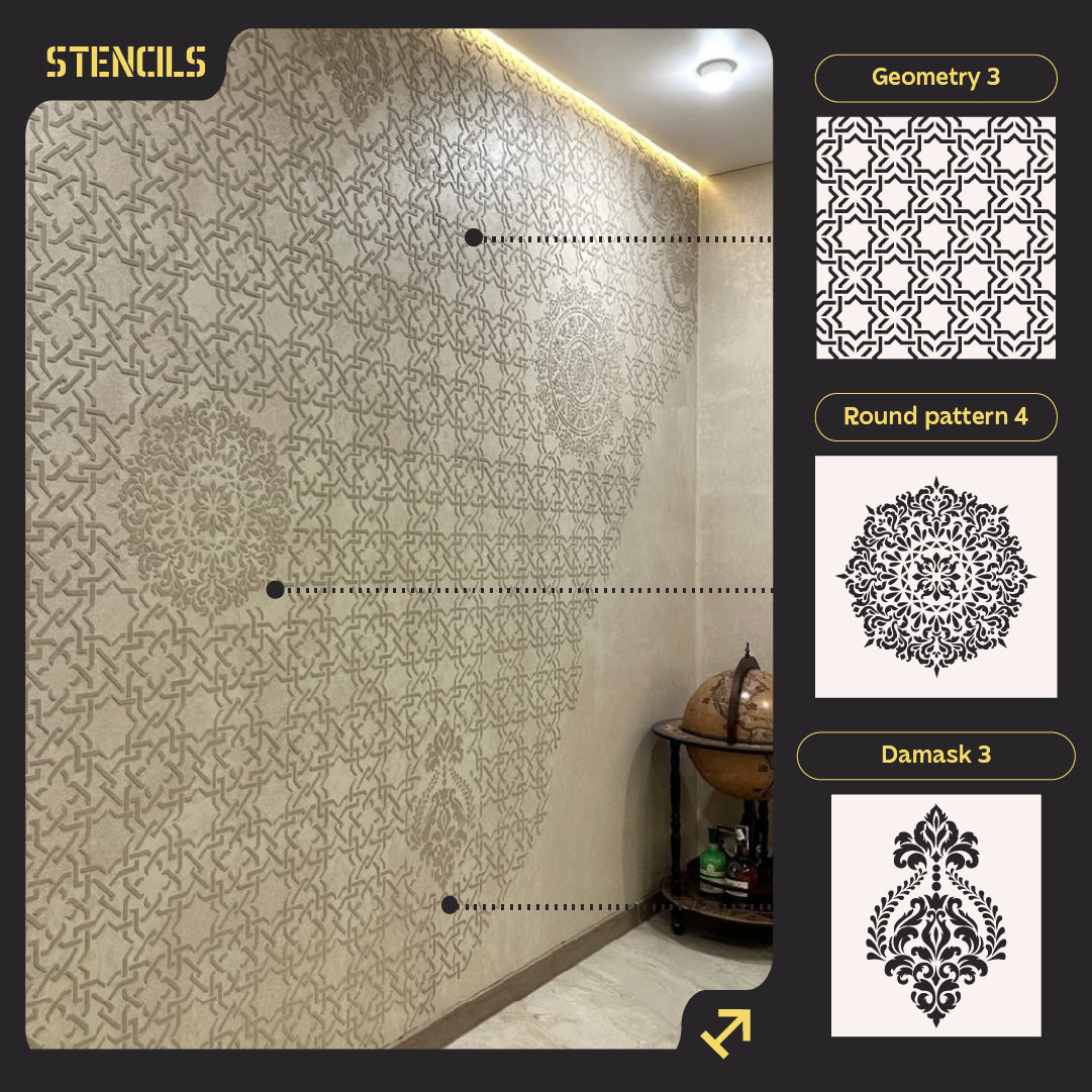 Wall decoration set for plaster and paint 2 DFA stencils (Geometry 3 + Round pattern 4 + Damask 3) 0.3-1 mm (N00002)