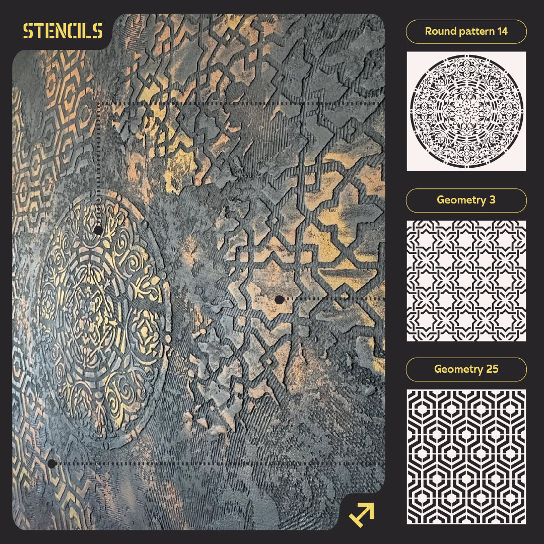 Wall decoration set for plaster and paint 19 DFA stencils (Round pattern 14 + Geometry 3 + Geometry 25) 0.3-1 mm (N00019)