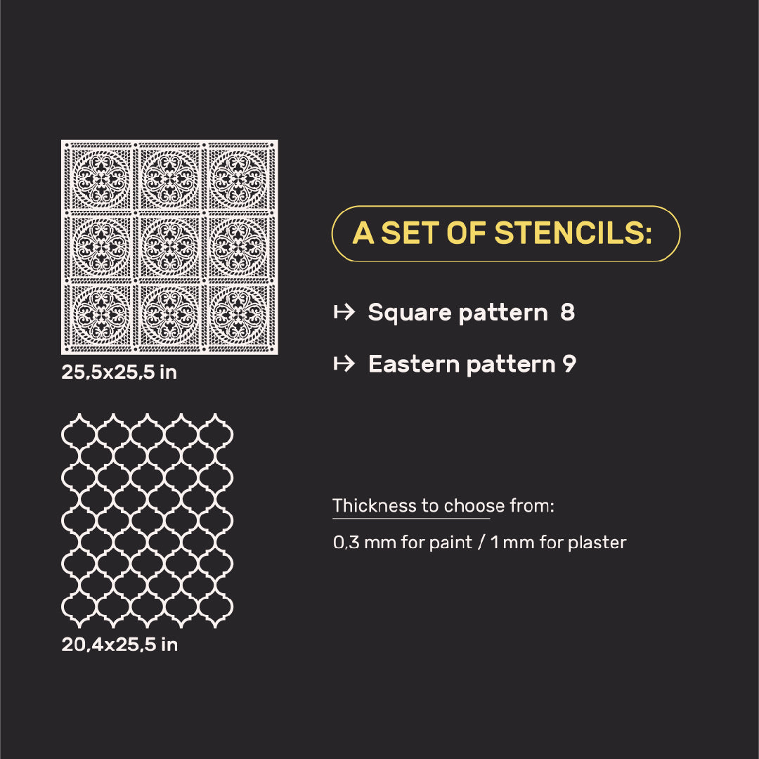 Wall decoration set for plaster and paint 21 (Square pattern 8 + Oriental pattern 9) 0.3-1 mm (N00021)