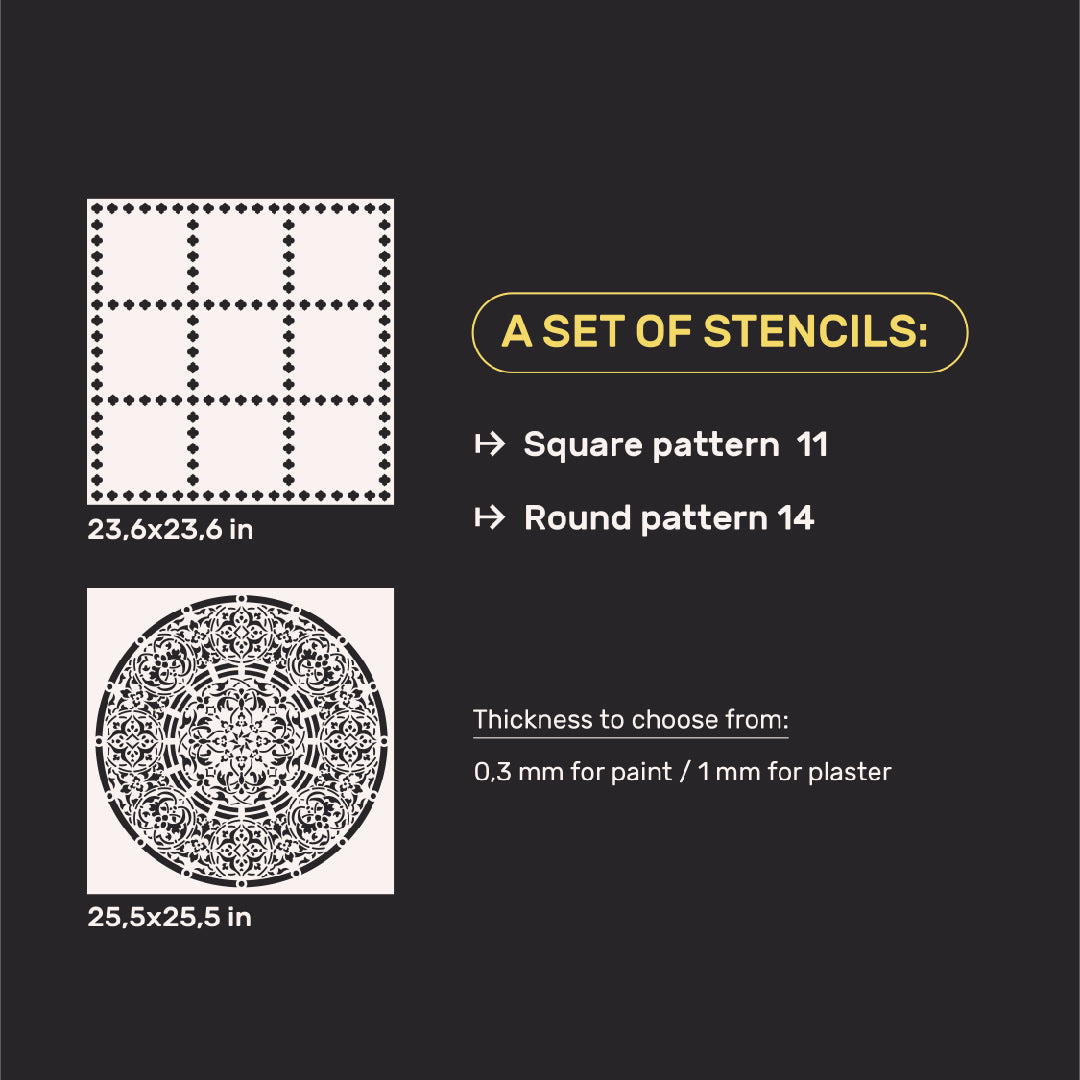 Wall decoration set for plaster and paint 26 (Square pattern 11 + Round pattern 14) 0.3-1 mm (N00026)
