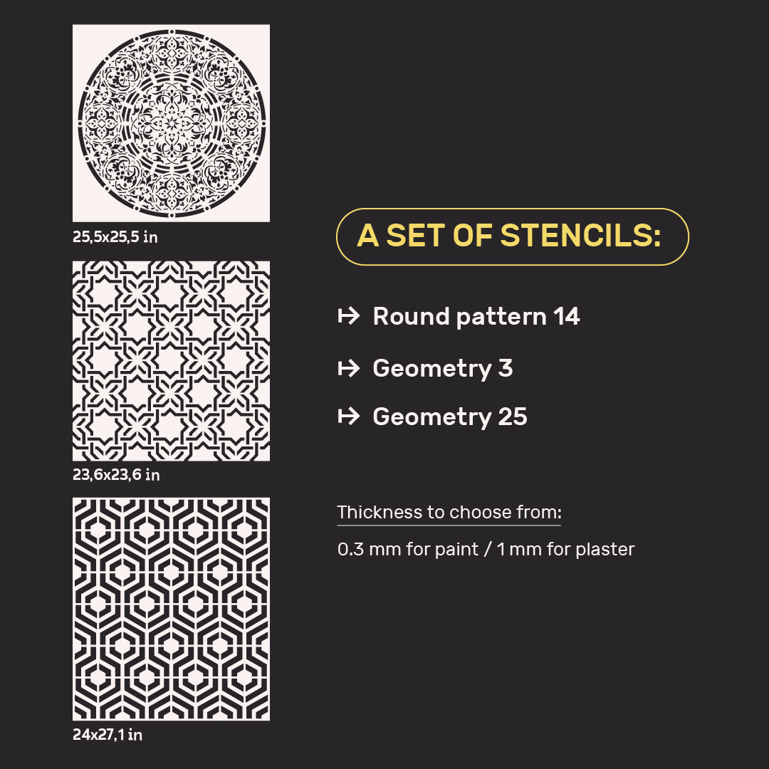 Wall decoration set for plaster and paint 19 DFA stencils (Round pattern 14 + Geometry 3 + Geometry 25) 0.3-1 mm (N00019)
