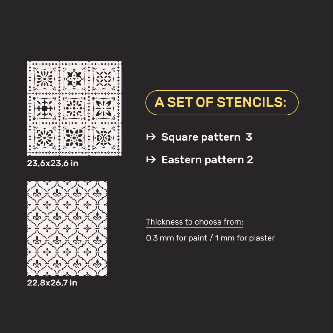 Wall decoration set for plaster and paint 24 (Square pattern 3 + Oriental pattern 2) 0.3-1 mm (N00024)