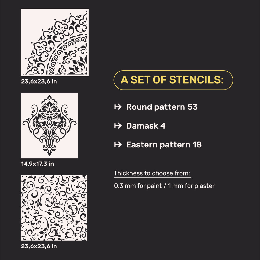 Wall decoration set for plaster and paint 31 (Round pattern 53 + Damask 4 + Oriental pattern 18) 0.3-1 mm (N00031)