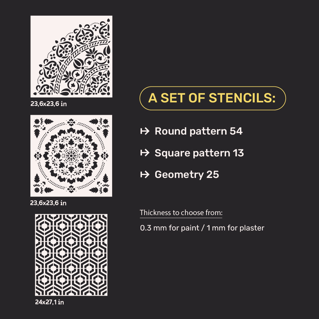 Set of stencils DFA (Round 54 + Square 13 + Geometry 25) for plaster and paint 0.3-1 mm (N00042)