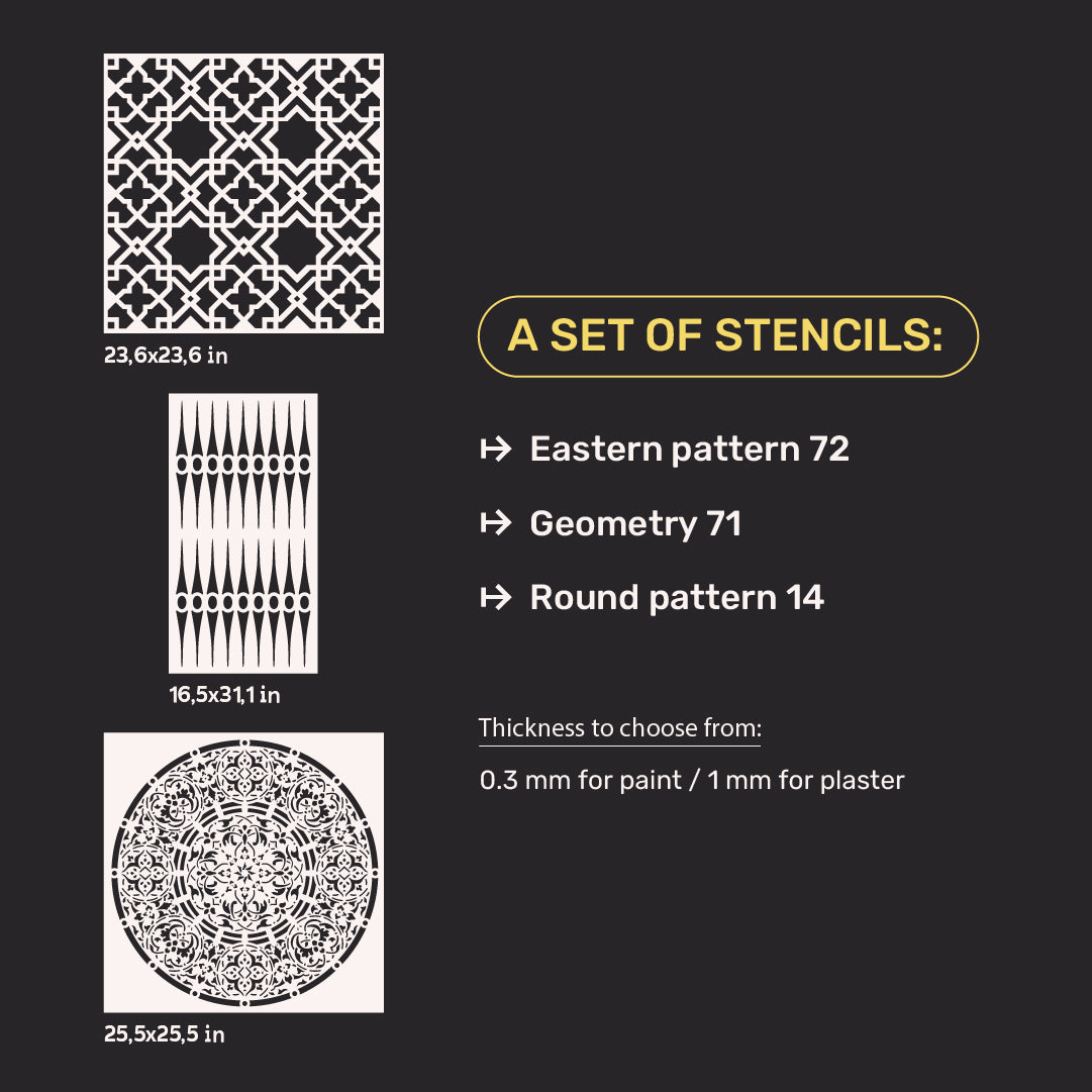 Stencils DFA (Oriental 72 + Geometry 71 + Round 14) set for plaster and paint 0.3-1 mm (N00138)
