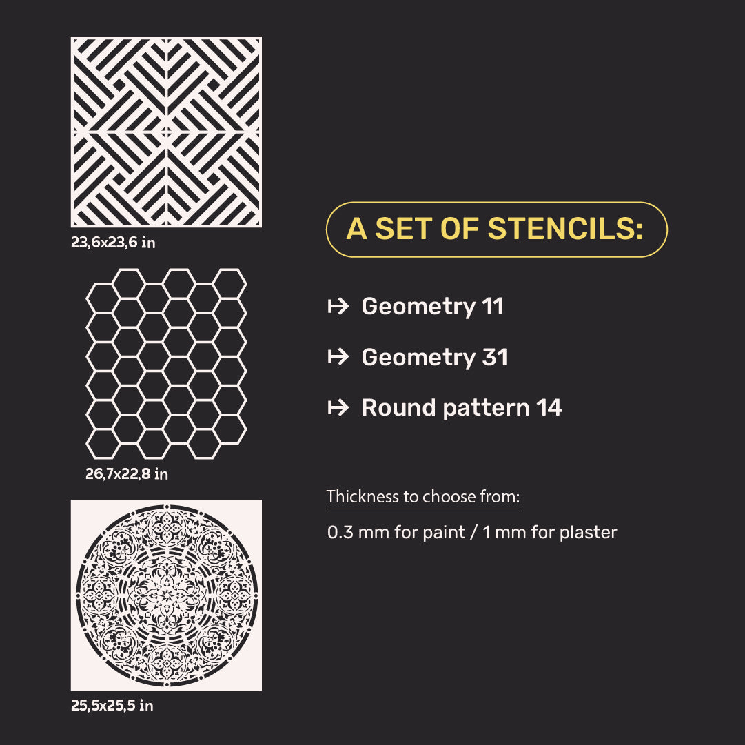 Stencils DFA set (Geometry 11 + Geometry 31 + Round 14) for plaster and paint 0.3-1 mm (N00058)