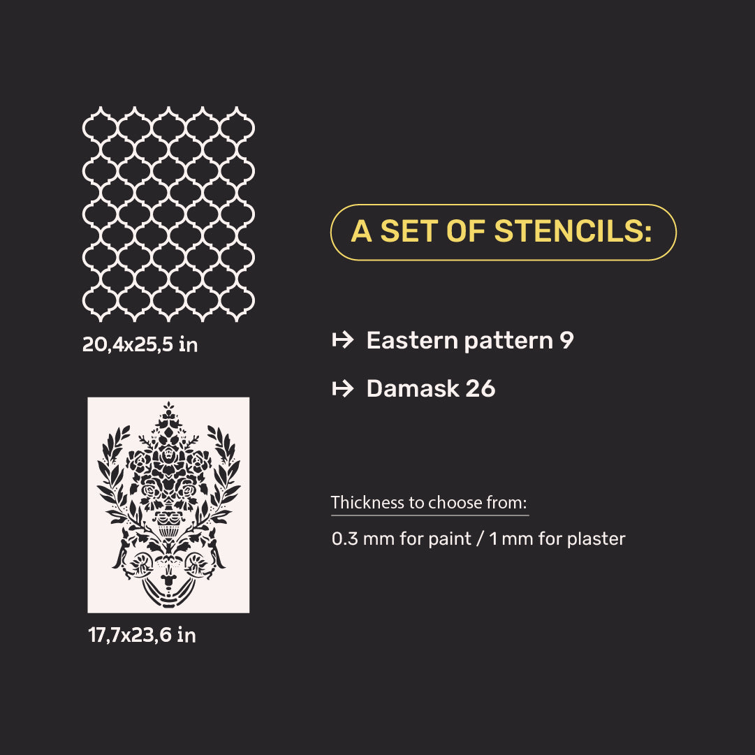 DFA Set of stencils for decorating walls (East 9 + Damascus 26) for plaster and paint 0.3-1 mm (N00074)