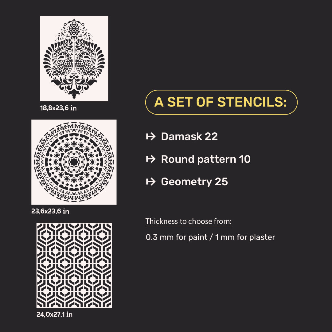 Set of 3 DFA Stencils Damask, Circle, Geometry – Three Styles for Any Design 0.3-1 mm (N00155)