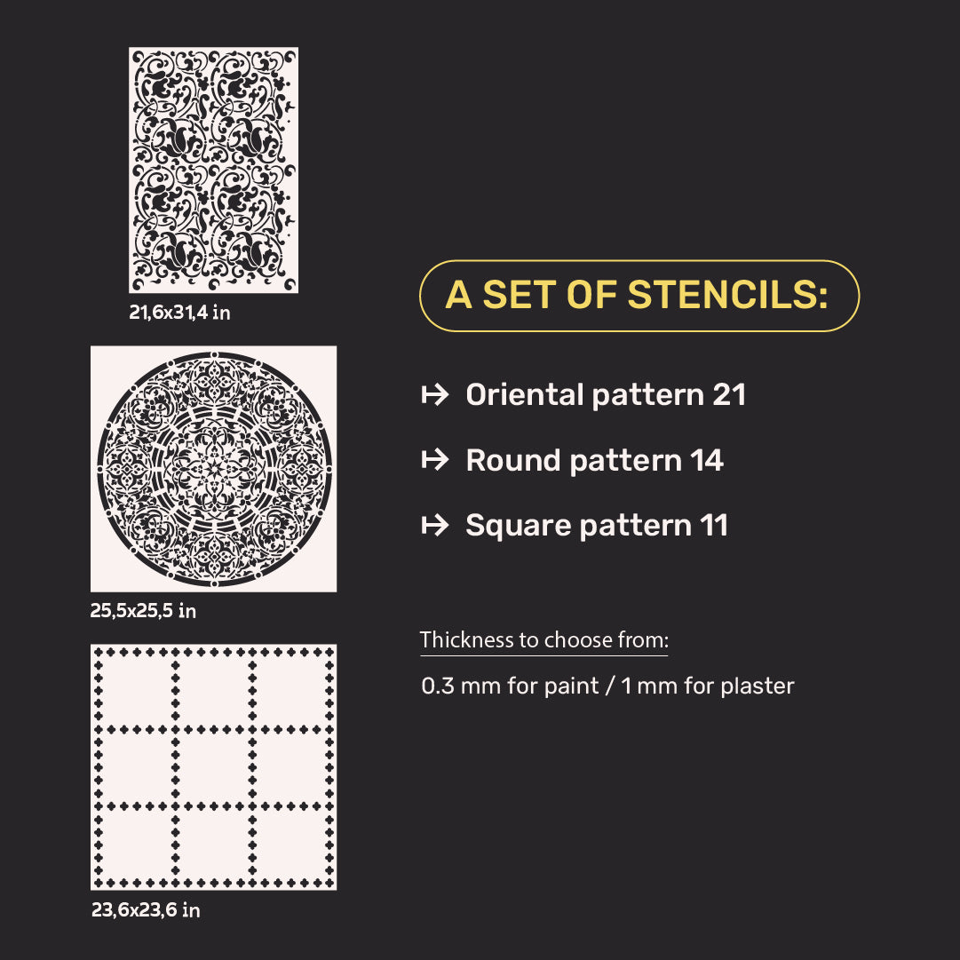 Wall decoration set for plaster and paint 35 (Oriental pattern 21 + Round pattern 14 + Square pattern 11) 0.3-1 mm (N00035)
