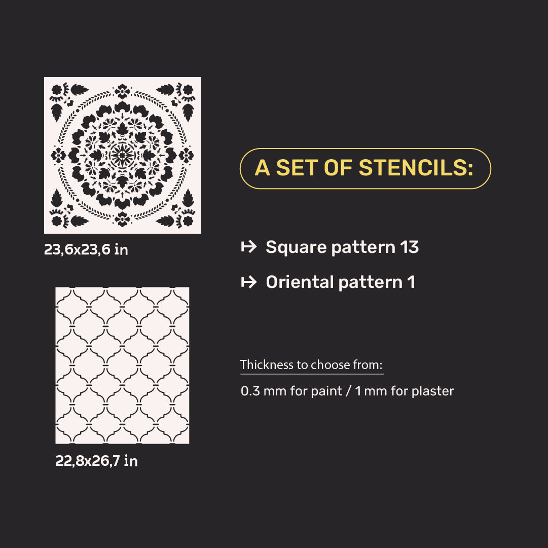 Wall decoration set for plaster and paint 36 (Square pattern 13 + Oriental pattern 1) 0.3-1 mm (N00036)