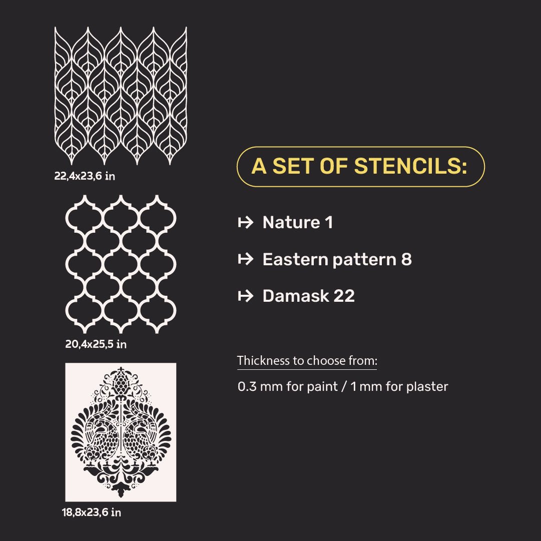 Stencils DFA (Nature 1 + Oriental 8 + Damascus 22) set for plaster and paint 0.3-1 mm (N00068)