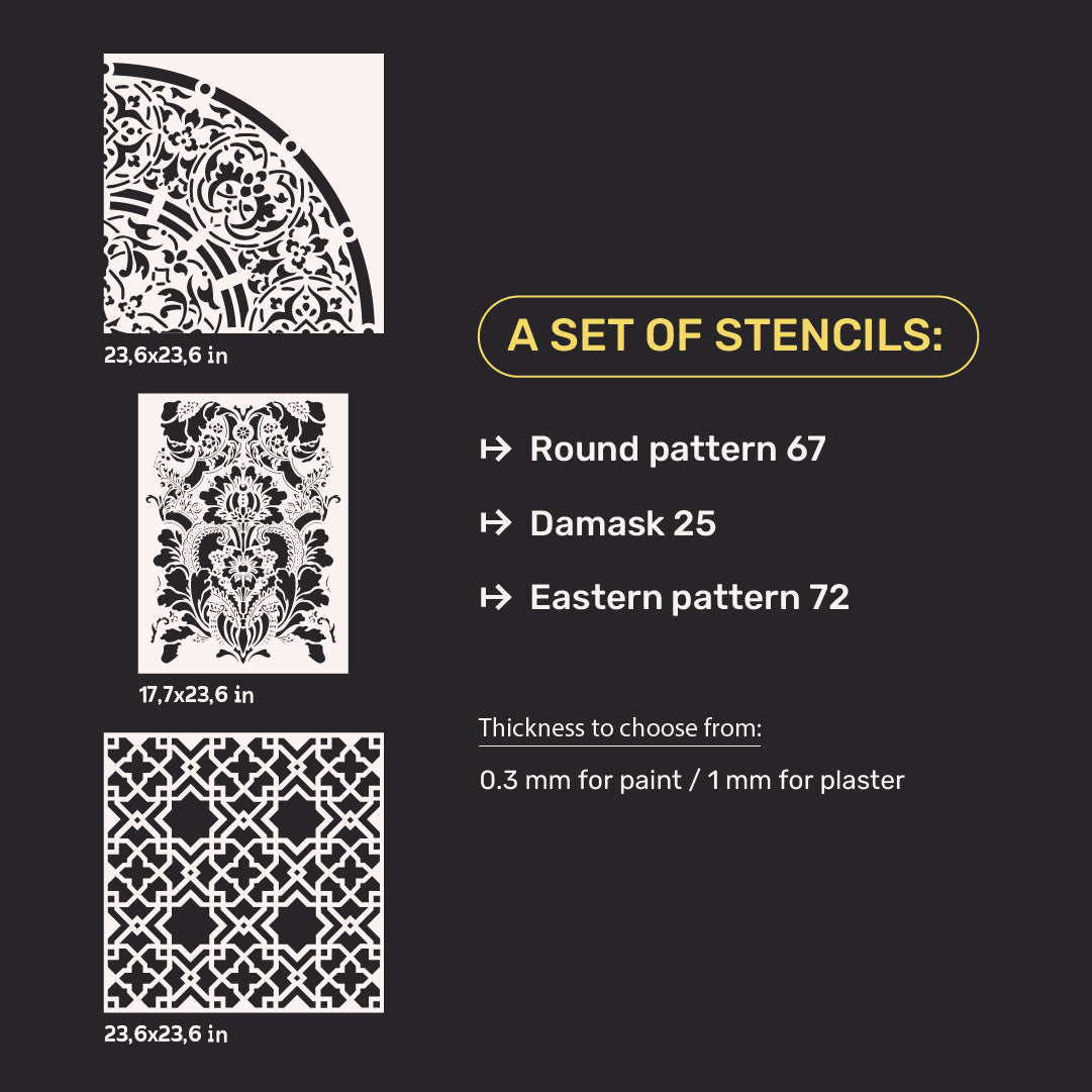 DFA Set of 3 stencils Round motifs, Oriental ornament and Damask: Stylish DIY decor 0.3-1 mm (N00143)