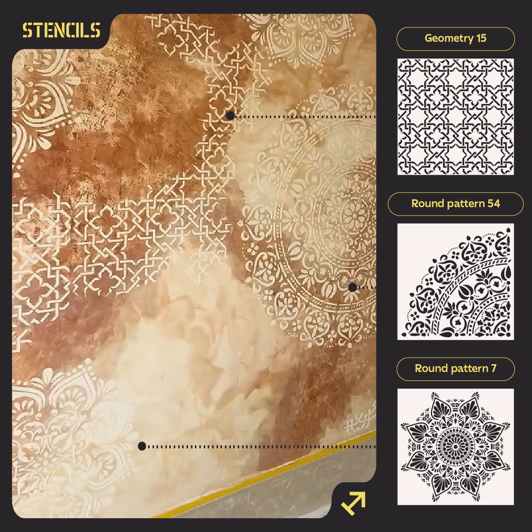 Wall decoration set for plaster and paint 14 DFA stencils (Round pattern 7 + Geometry 15 + Round pattern 54) 0.3-1 mm (N00014)
