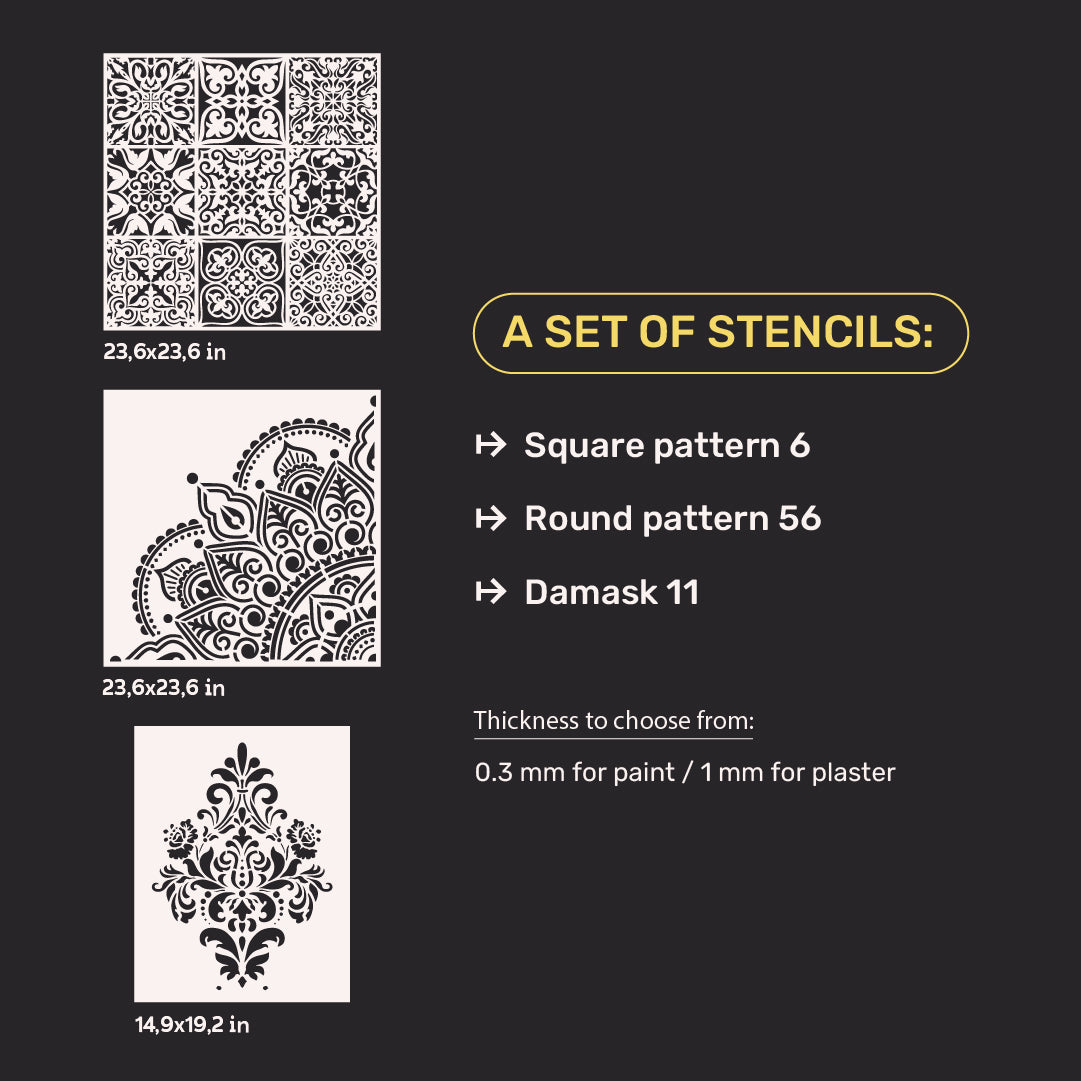 Wall decoration set for plaster and paint 6 Stencils DFA (Square pattern 6 + Round pattern 56 + Damask 11) 0.3-1 mm (N00006)