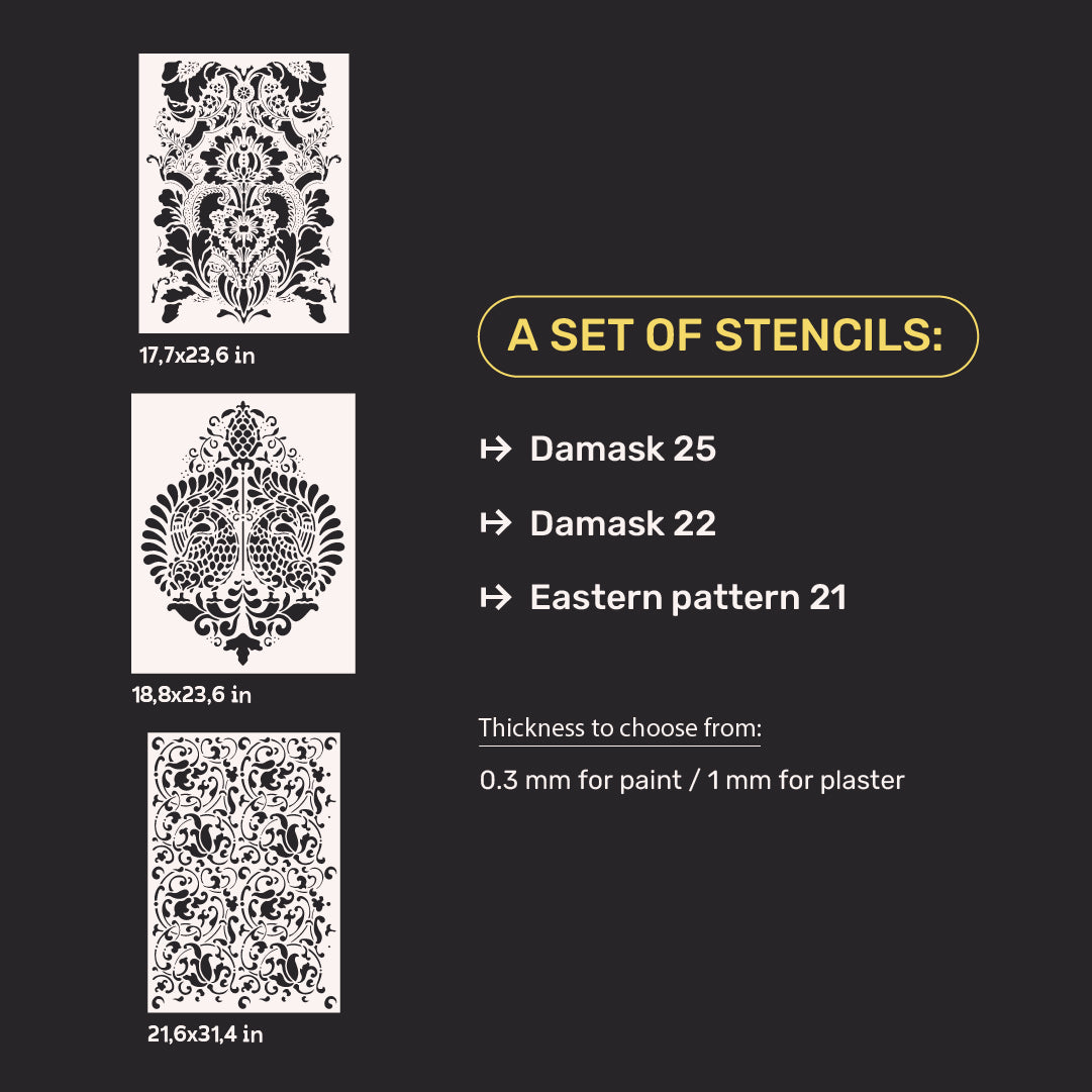 Stencils DFA set for decoration under plaster and paint (Damask 25 + Damascus 22 + Oriental 21) 0.3-1 mm (N00130)