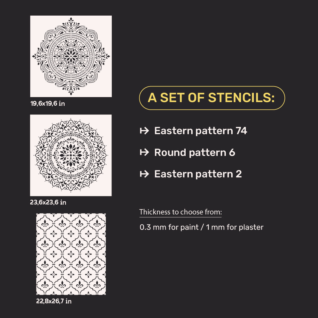 Set of 3 DFA stencils – Oriental and Round patterns for plaster and paint 0.3-1 mm (N00145)