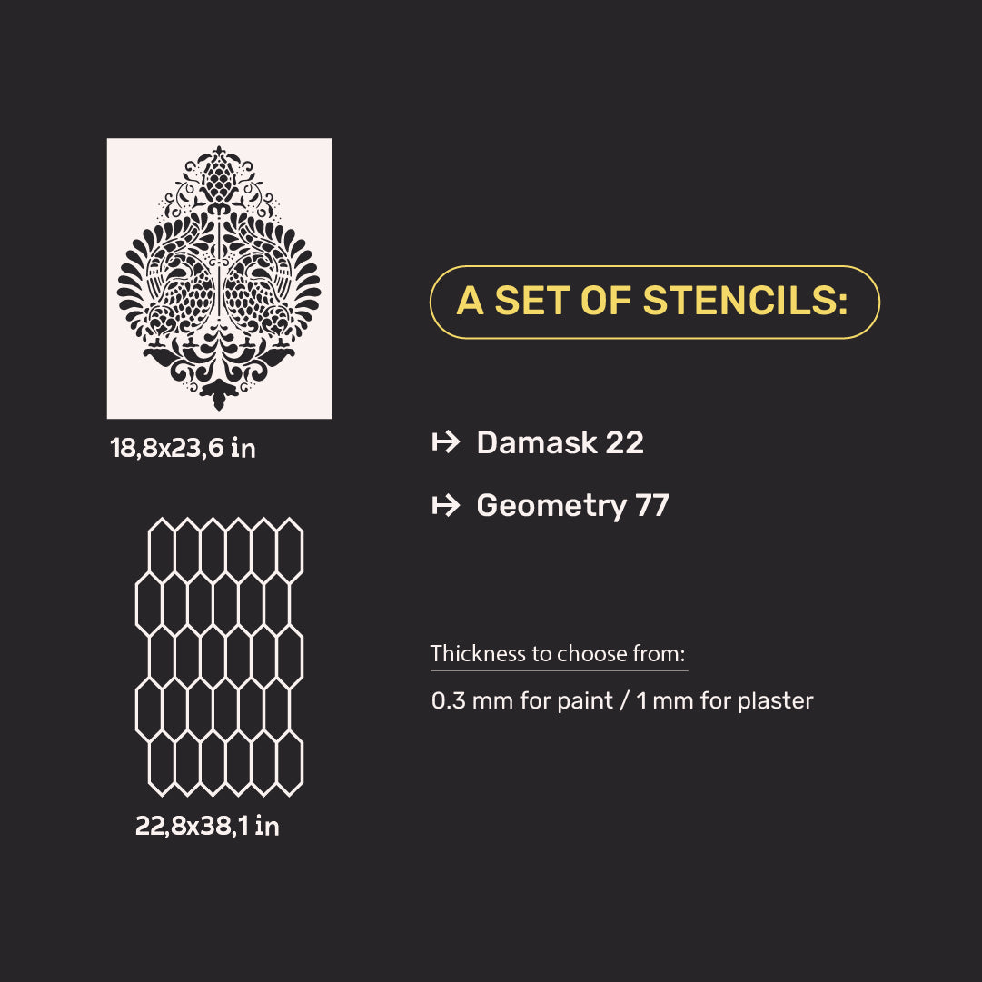 Set of stencils DFA decor for plaster and paint (Damask 22 + Geometry 77) 0.3-1 mm (N00067)
