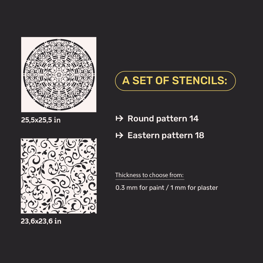 Set of stencils DFA wall decor (Round 14 + Eastern 18) for plaster and paint 0.3-1 mm (N00126)
