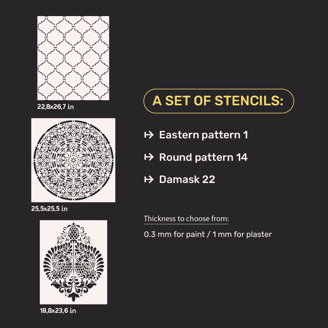 Stencils DFA stylish decor (Oriental 1 + Round 14 + Damascus 22) for plaster and paint 0.3-1 mm (N00077)