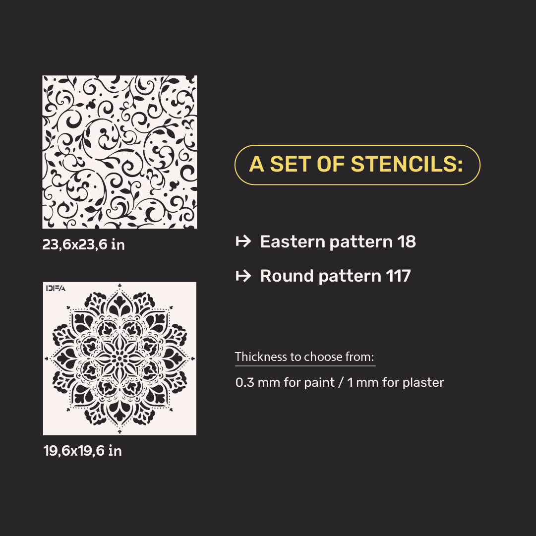 Stencils DFA set for wall decoration (Eastern 18 + Round 117) for plaster and paint 0.3-1 mm (N00134)