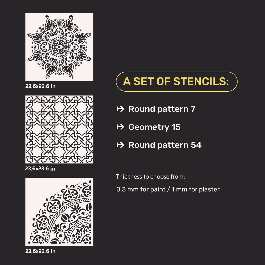 Wall decoration set for plaster and paint 14 DFA stencils (Round pattern 7 + Geometry 15 + Round pattern 54) 0.3-1 mm (N00014)