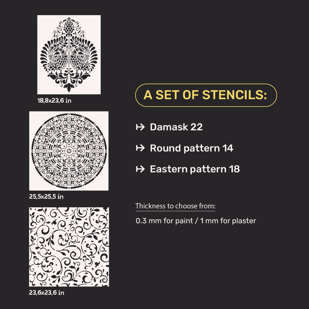 Set of 3 DFA stencils: Round, Oriental patterns and Damask – decorate your interior simply and beautifully 0.3-1 mm (N00149)