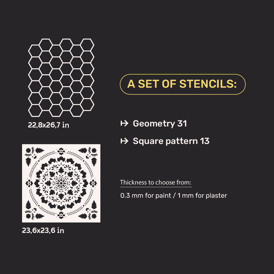 Set of stencils DFA wall decor (Geometry 31 + Square 13) for plaster and paint 0.3-1 mm (N00111)