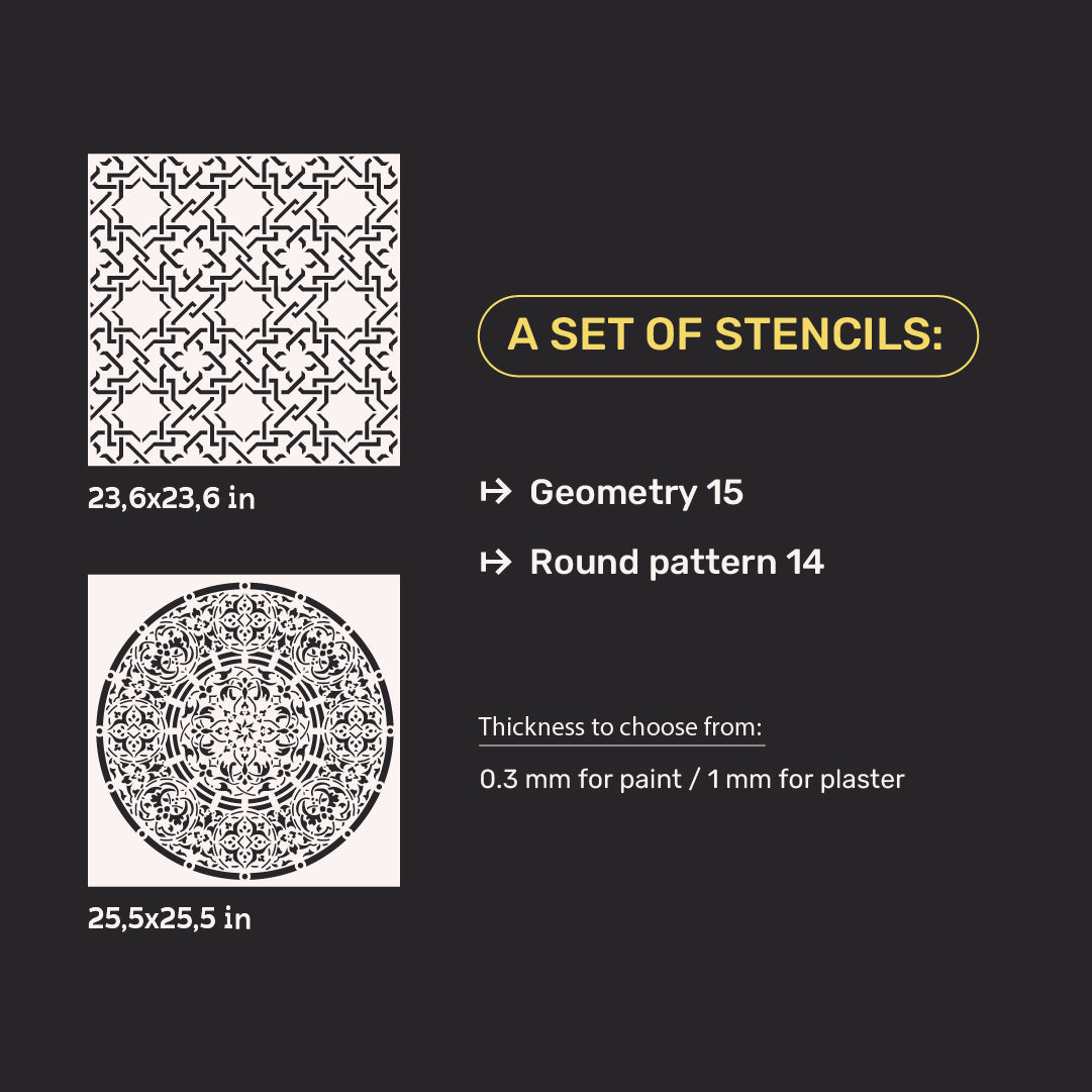Wall decor stencils DFA (Geometry 15 + Round 14) set for plaster and paint 0.3-1 mm (N00109)