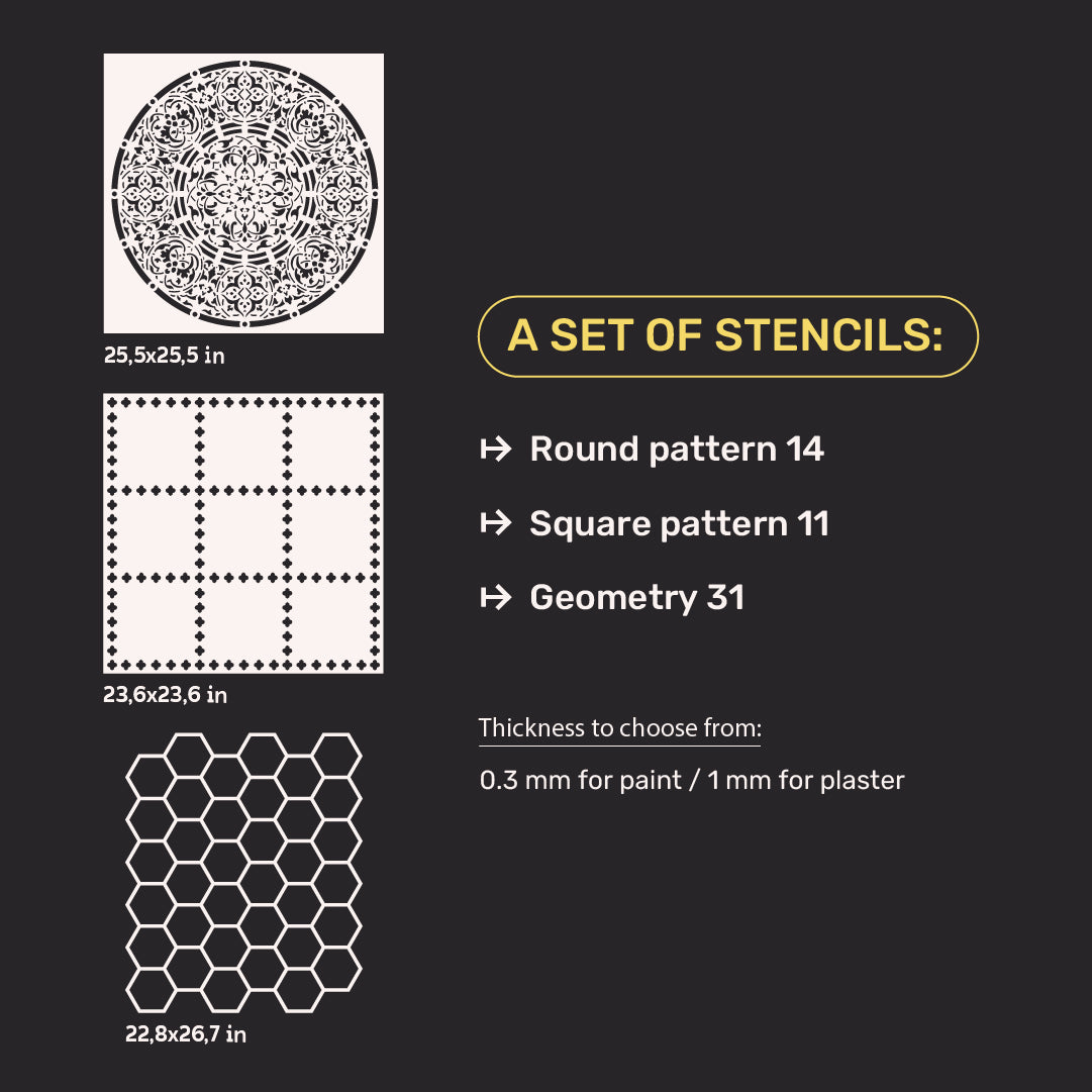 Stencils DFA set (Round 14 + Square 11 + Geometry 31) for plaster and paint 0.3-1 mm (N00110)