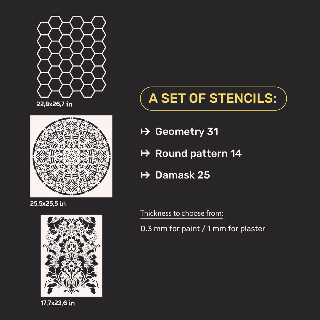 Set for wall decoration DFA (Geometry 31 + Round 14 + Damask 25) for plaster and paint 0.3-1 mm (N00116)