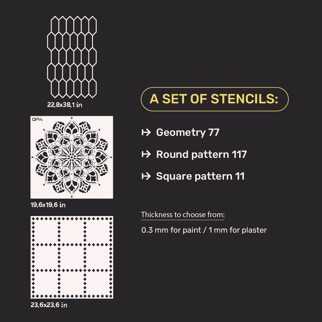 Set of stencils DFA (Geometry 77 + Round 117 + Square 11) for plaster and paint 0.3-1 mm (N00115)
