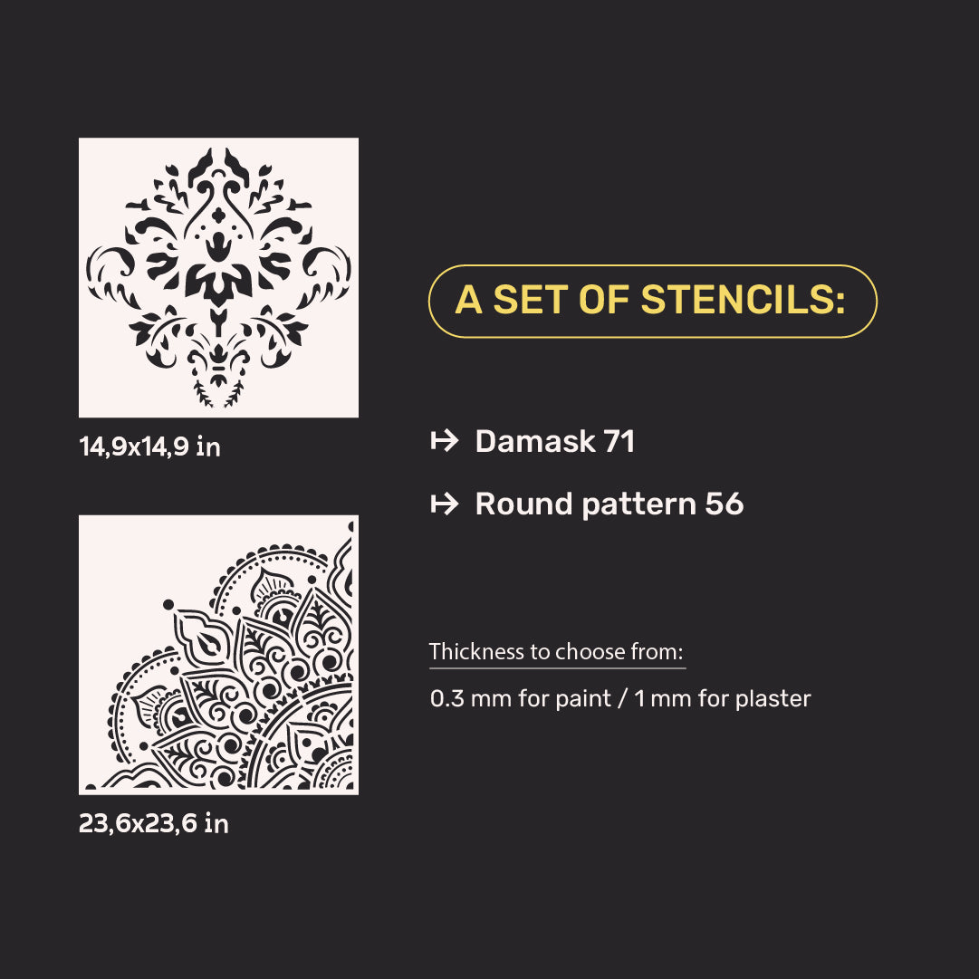 Set of 2 DFA Damask and Round Mandala Stencils: Spectacular Interior Decor 0.3-1 mm (N00140)