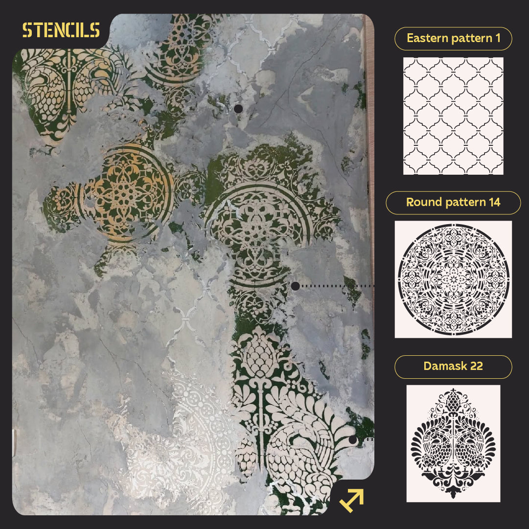 Stencils DFA stylish decor (Oriental 1 + Round 14 + Damascus 22) for plaster and paint 0.3-1 mm (N00077)