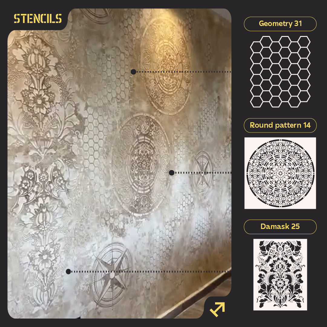 Set for wall decoration DFA (Geometry 31 + Round 14 + Damask 25) for plaster and paint 0.3-1 mm (N00116)