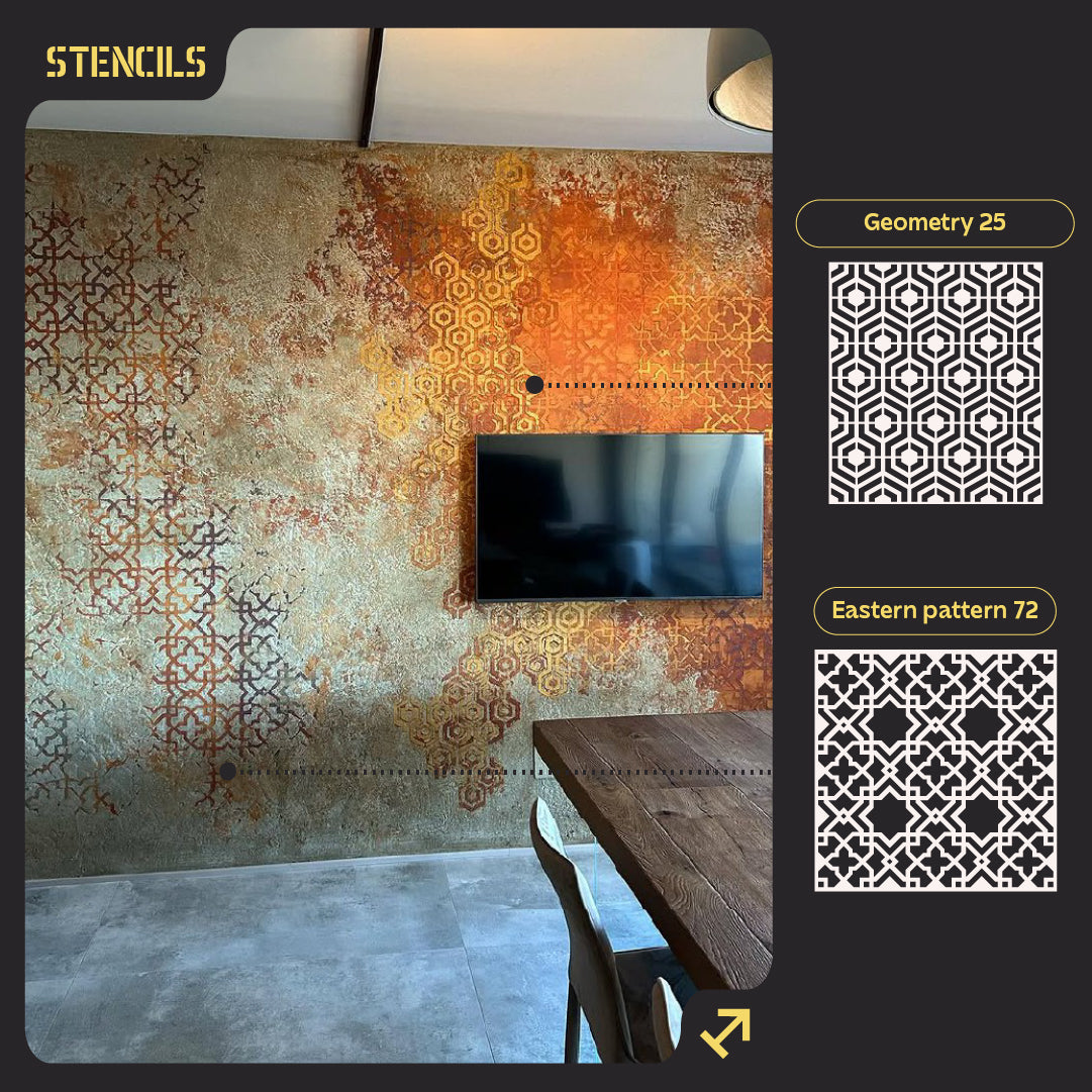 Set of DFA stencils for walls (Geometry 25 + Eastern 72) for plaster and paint 0.3-1 mm (N00088)