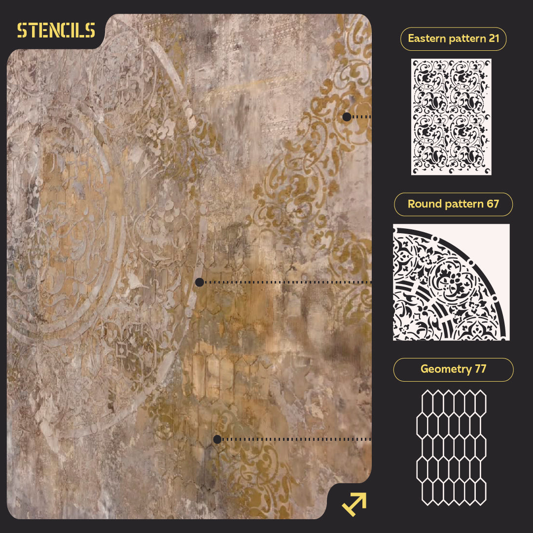 DFA set of 3 stencils: Oriental motifs + Round patterns + Geometry – decor for paint and plaster 0.3-1 mm (N00156)