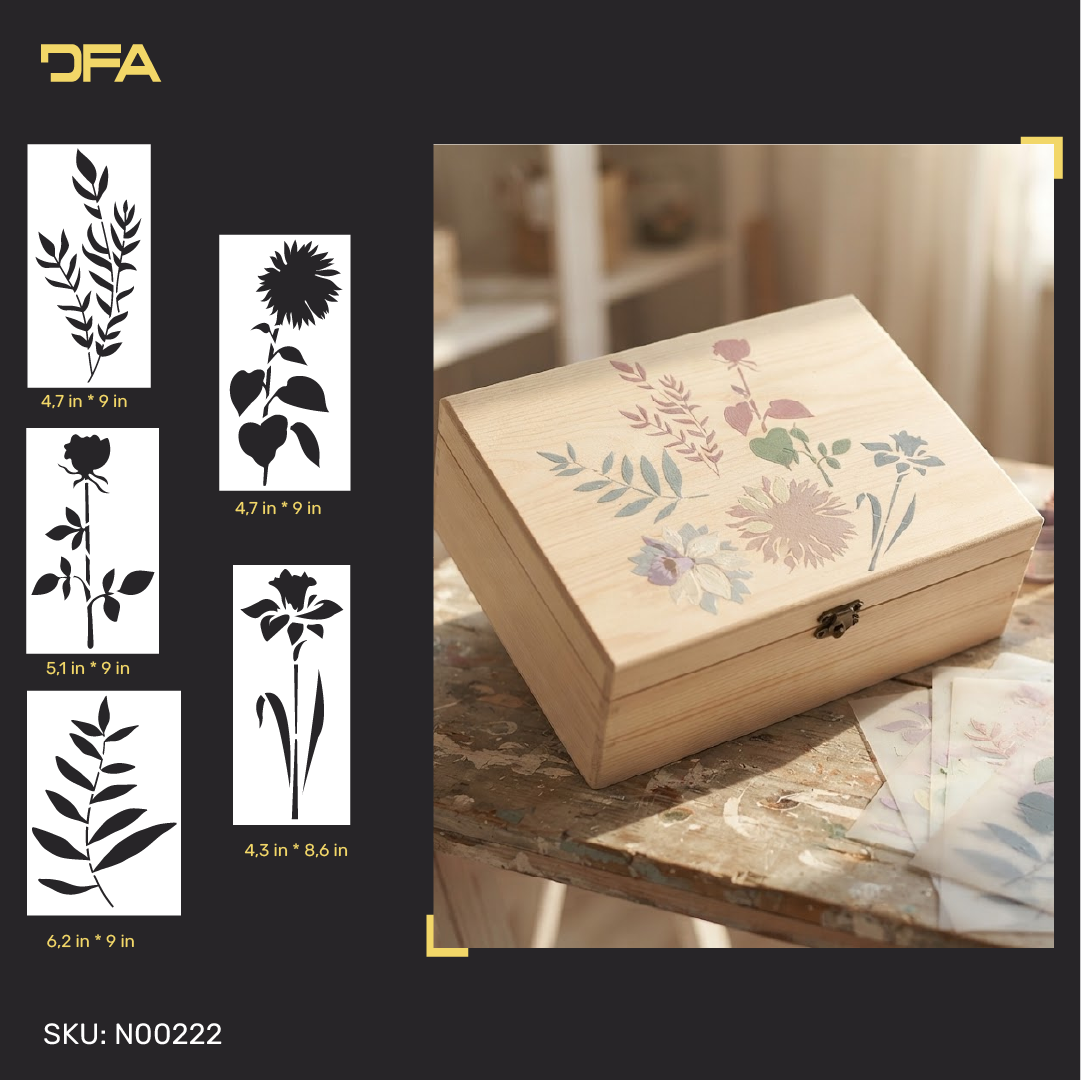 Botanical decoupage stencil set with five floral and leaf patterns beside a decorated wooden box