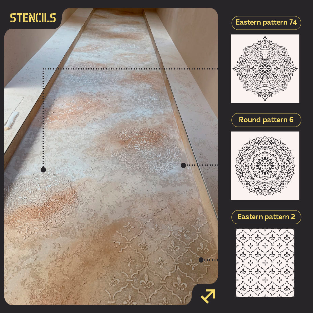 Set of 3 DFA stencils – Oriental and Round patterns for plaster and paint 0.3-1 mm (N00145)