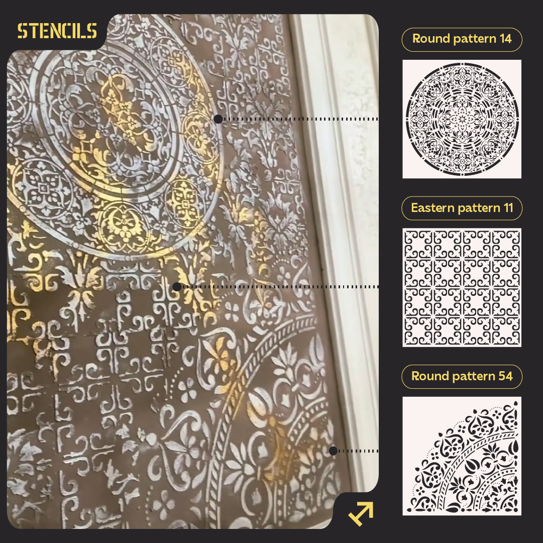 Set of 3 DFA stencils: Creative decor with Round and Oriental motifs for plaster and paint 0.3-1 mm (N00146)